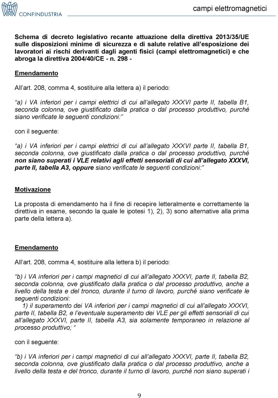 208, comma 4, sostituire alla lettera a) il periodo: a) i VA inferiori per i campi elettrici di cui all allegato XXXVI parte II, tabella B1, seconda colonna, ove giustificato dalla pratica o dal