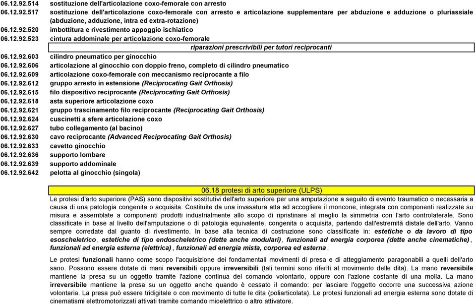 12.92.606 articolazione al ginocchio con doppio freno, completo di cilindro pneumatico 06.12.92.609 articolazione coxo-femorale con meccanismo reciprocante a filo 06.12.92.612 gruppo arresto in estensione (Reciprocating Gait Orthosis) 06.