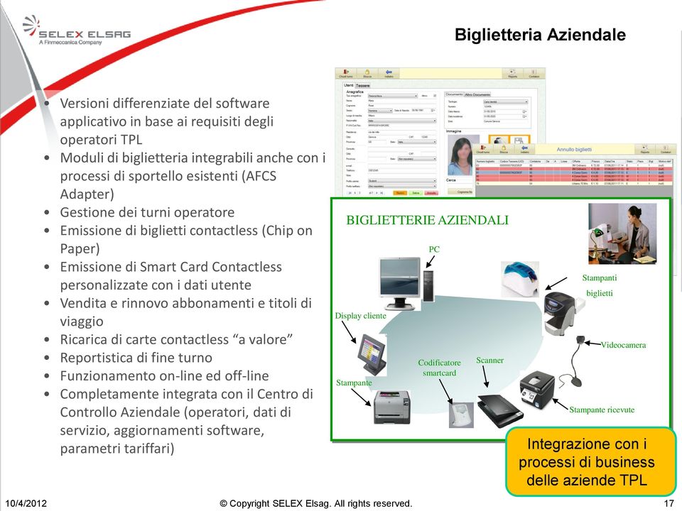 viaggio Ricarica di carte contactless a valore Reportistica di fine turno Funzionamento on-line ed off-line Completamente integrata con il Centro di Controllo Aziendale (operatori, dati di servizio,