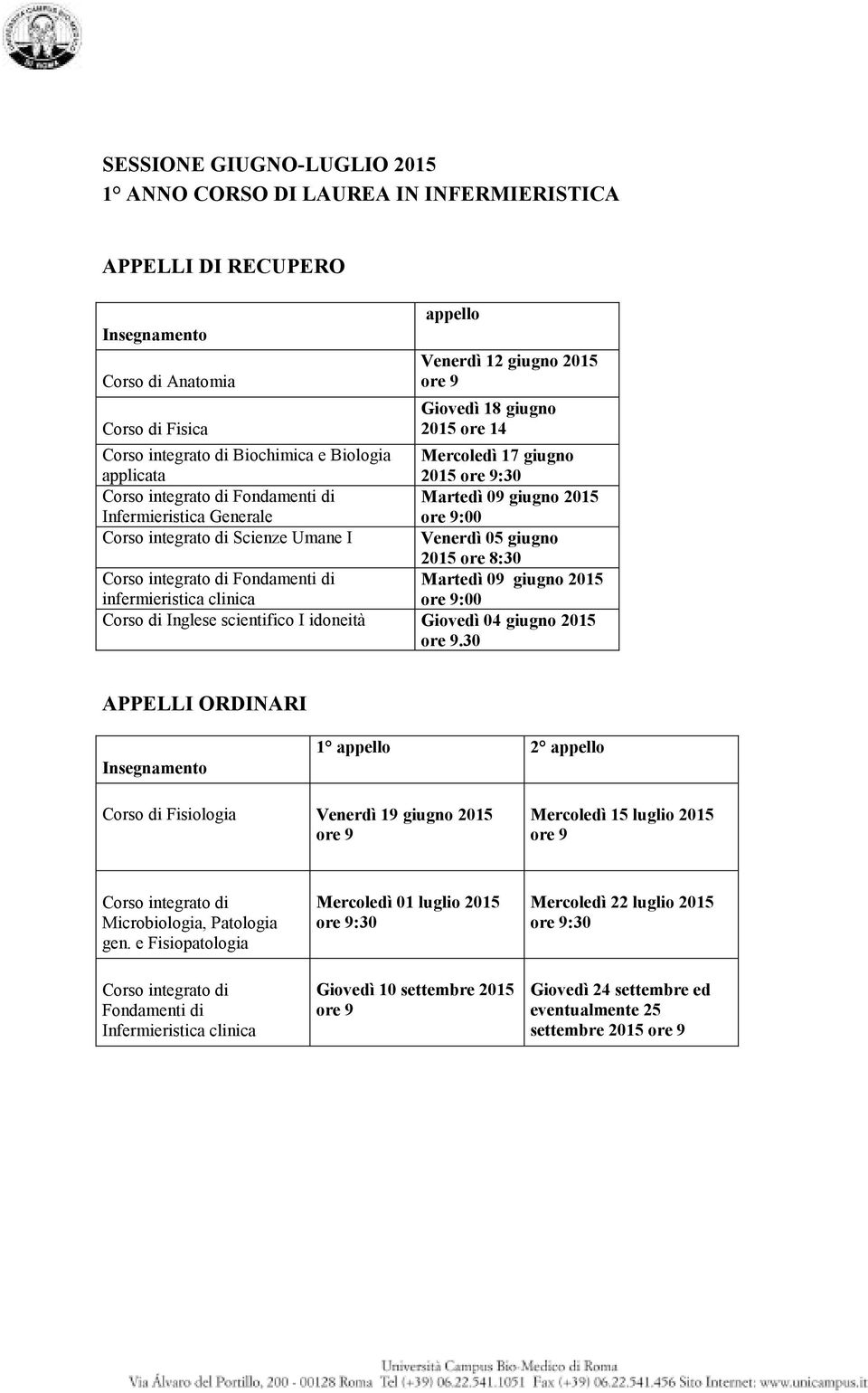 infermieristica clinica Corso di Inglese scientifico I idoneità Giovedì 04 giugno 2015 1 appello 2 appello Corso di Fisiologia Venerdì 19 giugno 2015 Mercoledì 15 luglio 2015 Microbiologia,