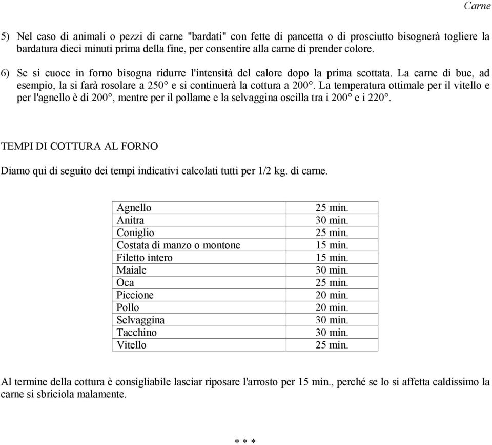 La temperatura ottimale per il vitello e per l'agnello è di 200, mentre per il pollame e la selvaggina oscilla tra i 200 e i 220.