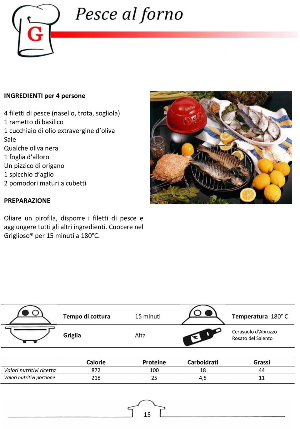 di pesce e aggiungere tutti gli altri ingredienti. Cuocere nel Griglioso per 15 minuti a 180 C.