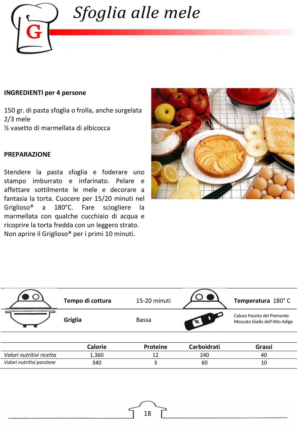 Pelare e affettare sottilmente le mele e decorare a fantasia la torta. Cuocere per 15/20 minuti nel Griglioso a 180 C.