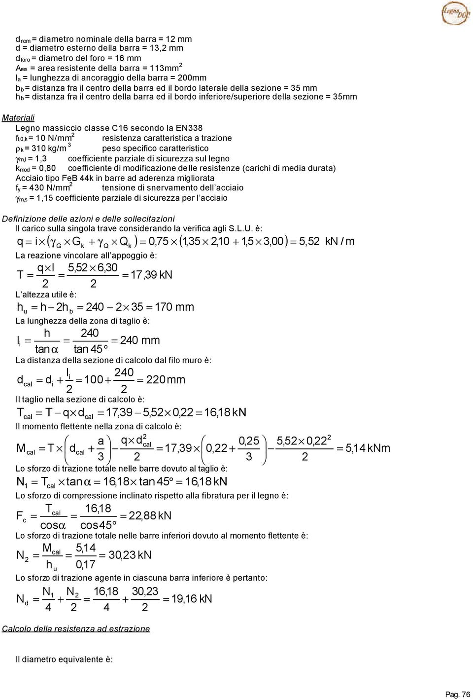 classe C16 secondo la EN338 ft,0,k 10 N/mm 2 resistenza caratteristica a trazione ρ k 310 kg/m 3 peso specifico caratteristico γm,l 1,3 coefficiente parziale di sicurezza sul legno k mod 0,80