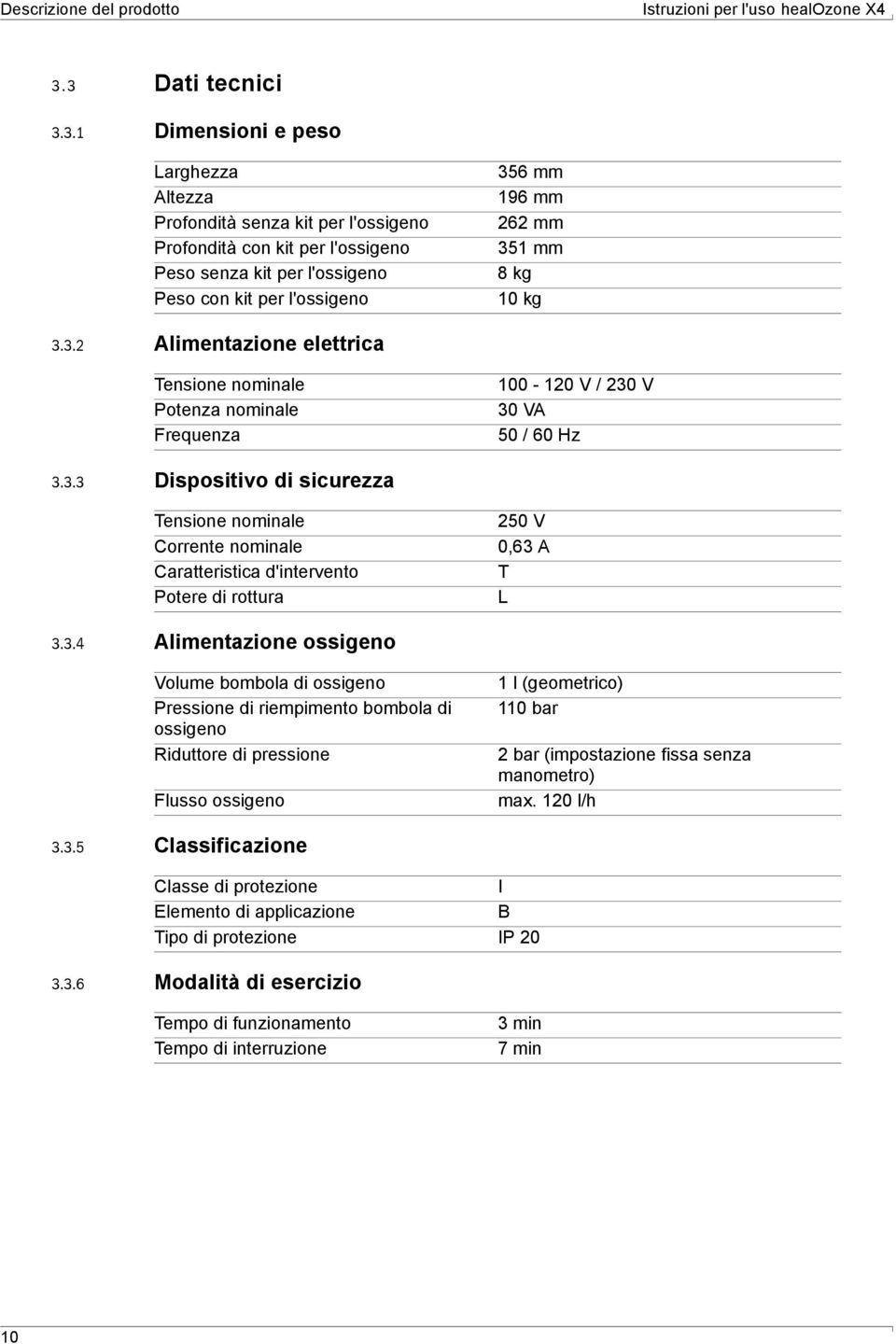 262 mm 351 mm 8 kg 10 kg 3.3.2 Alimentazione elettrica Tensione nominale Potenza nominale Frequenza 100-120 V / 230 V 30 VA 50 / 60 Hz 3.3.3 Dispositivo di sicurezza Tensione nominale Corrente nominale Caratteristica d'intervento Potere di rottura 250 V 0,63 A T L 3.