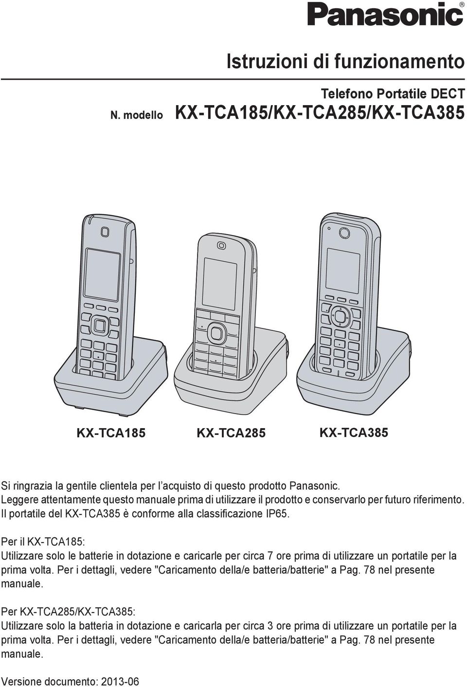 Leggere attentamente questo manuale prima di utilizzare il prodotto e conservarlo per futuro riferimento. Il portatile del KX-TCA385 è conforme alla classificazione IP65.