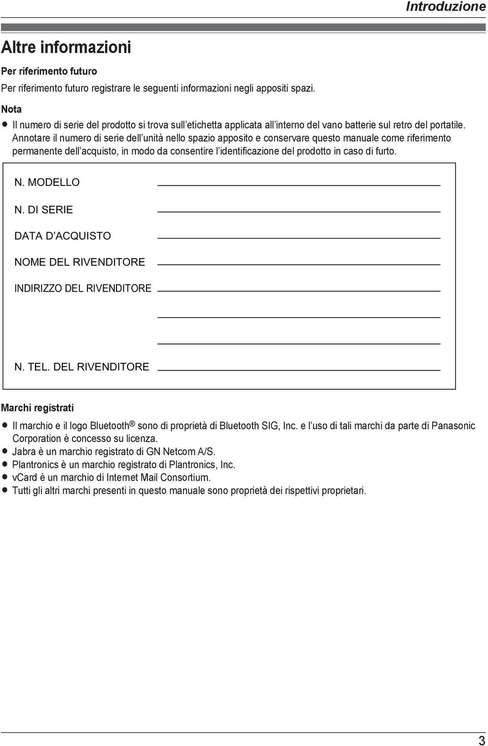 Annotare il numero di serie dell unità nello spazio apposito e conservare questo manuale come riferimento permanente dell acquisto, in modo da consentire l identificazione del prodotto in caso di