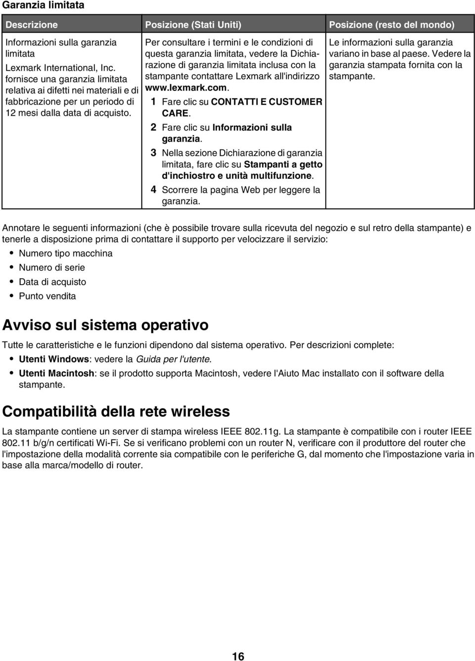 Per consultare i termini e le condizioni di questa garanzia limitata, vedere la Dichiarazione di garanzia limitata inclusa con la stampante contattare Lexmark all'indirizzo www.lexmark.com.