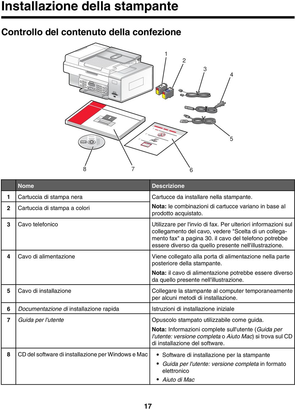 Per ulteriori informazioni sul collegamento del cavo, vedere "Scelta di un collegamento fax" a pagina 30. il cavo del telefono potrebbe essere diverso da quello presente nell'illustrazione.