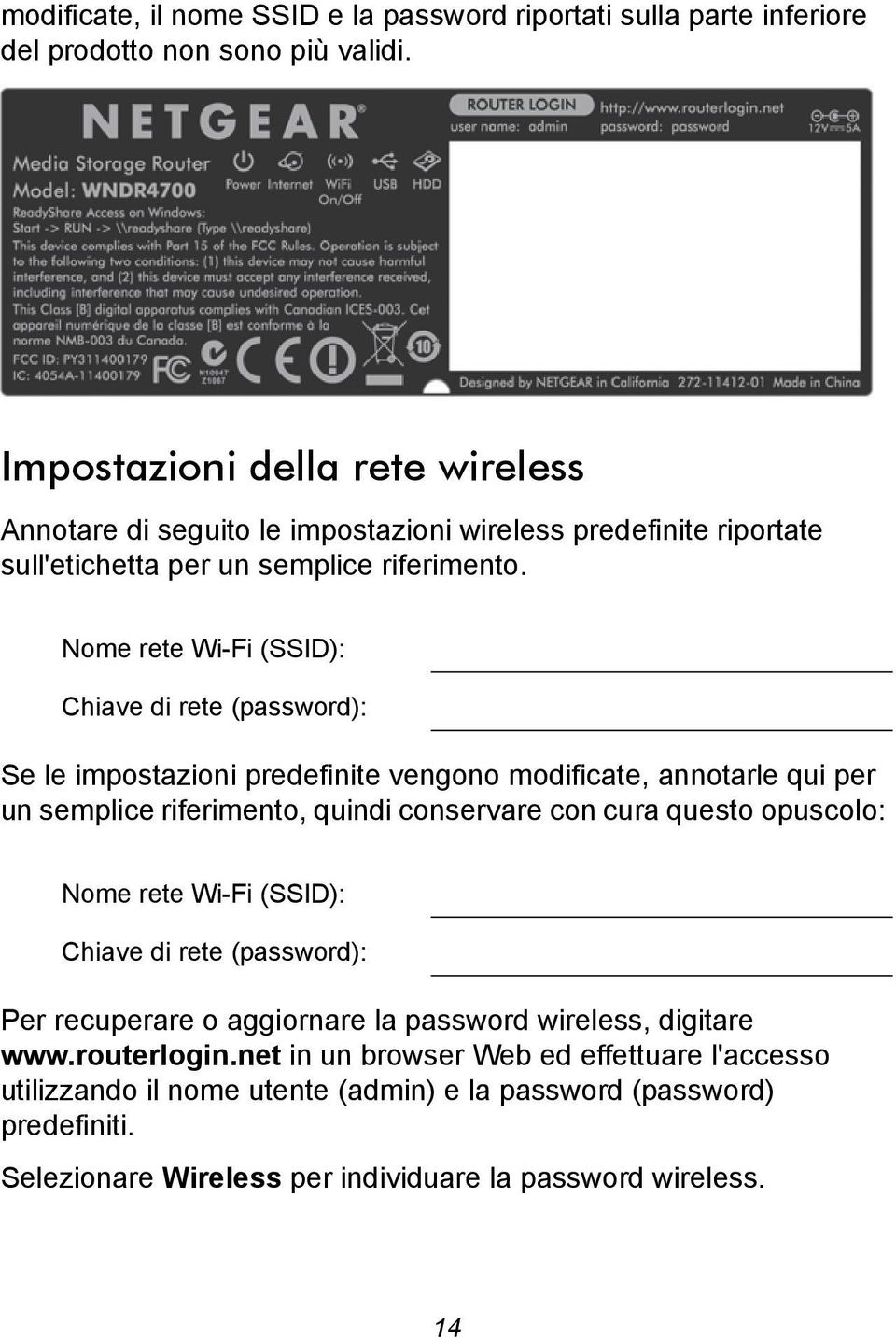 Nome rete Wi-Fi (SSID): Chiave di rete (password): Se le impostazioni predefinite vengono modificate, annotarle qui per un semplice riferimento, quindi conservare con cura questo