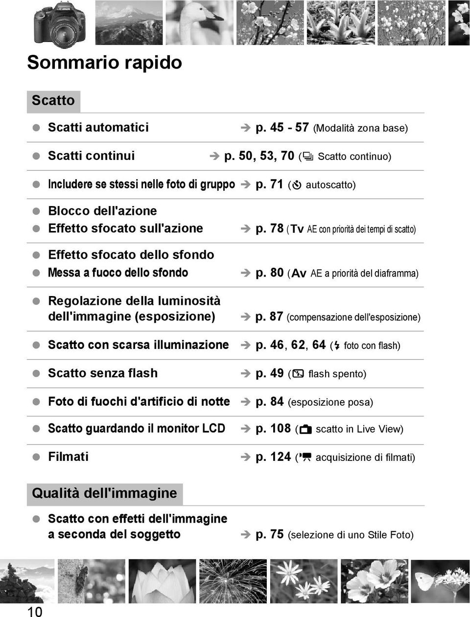 illuminazione Scatto senza flash Foto di fuochi d'artificio di notte Scatto guardando il monitor LCD Filmati p. 78 (s AE con priorità dei tempi di scatto) p. 80 (f AE a priorità del diaframma) p.