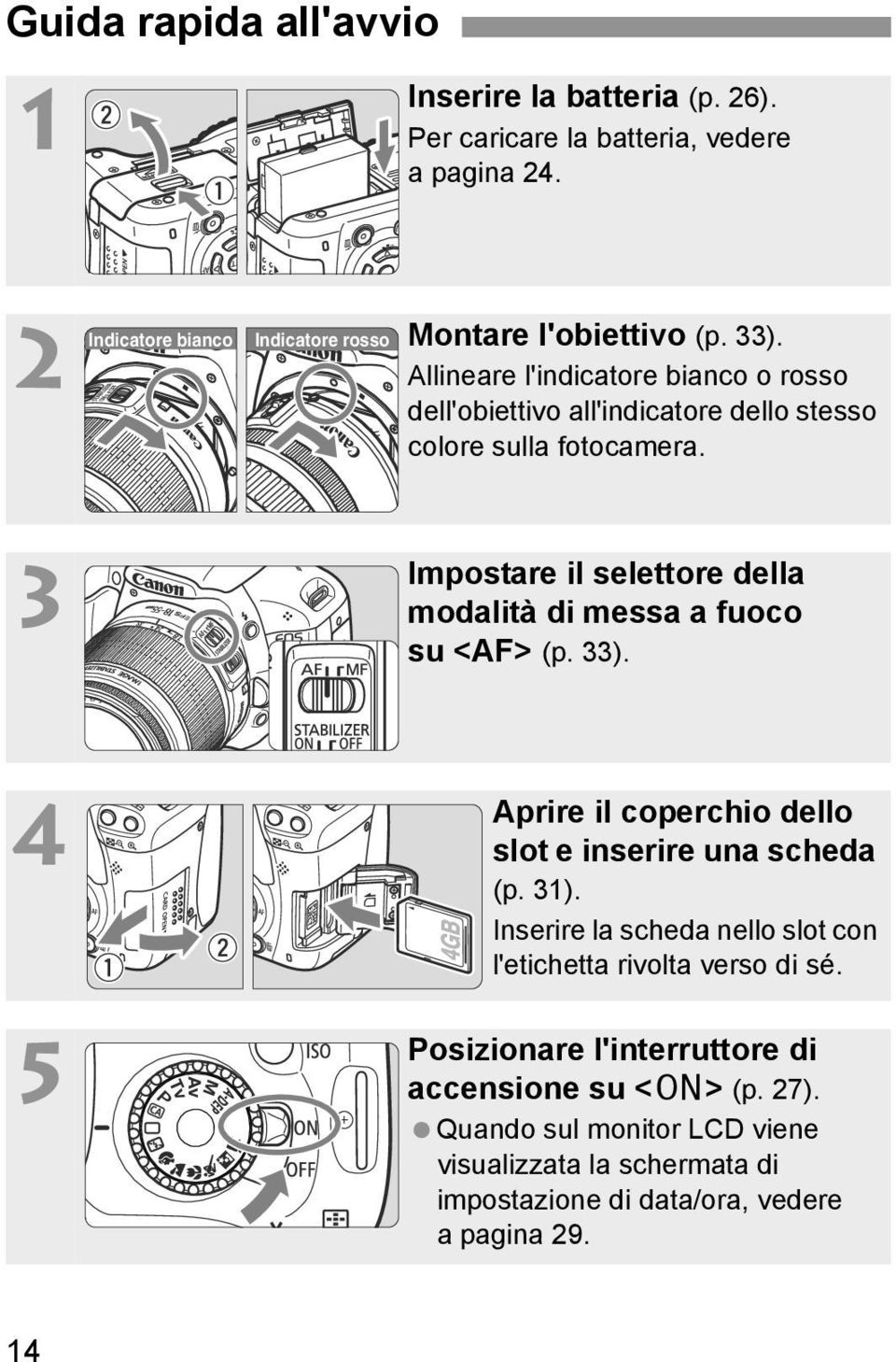 Allineare l'indicatore bianco o rosso dell'obiettivo all'indicatore dello stesso colore sulla fotocamera.