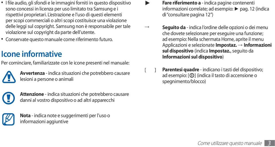 Samsung non è responsabile per tale violazione sul copyright da parte dell utente. Conservate questo manuale come riferimento futuro.