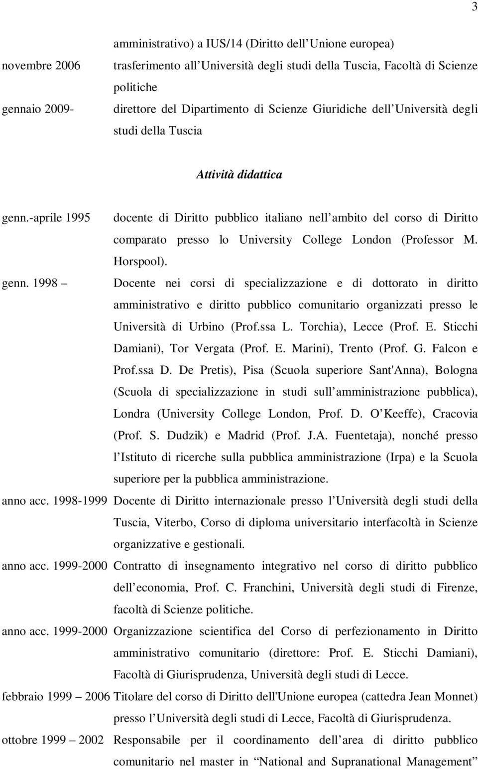 -aprile 1995 docente di Diritto pubblico italiano nell ambito del corso di Diritto comparato presso lo University College London (Professor M. Horspool). genn.