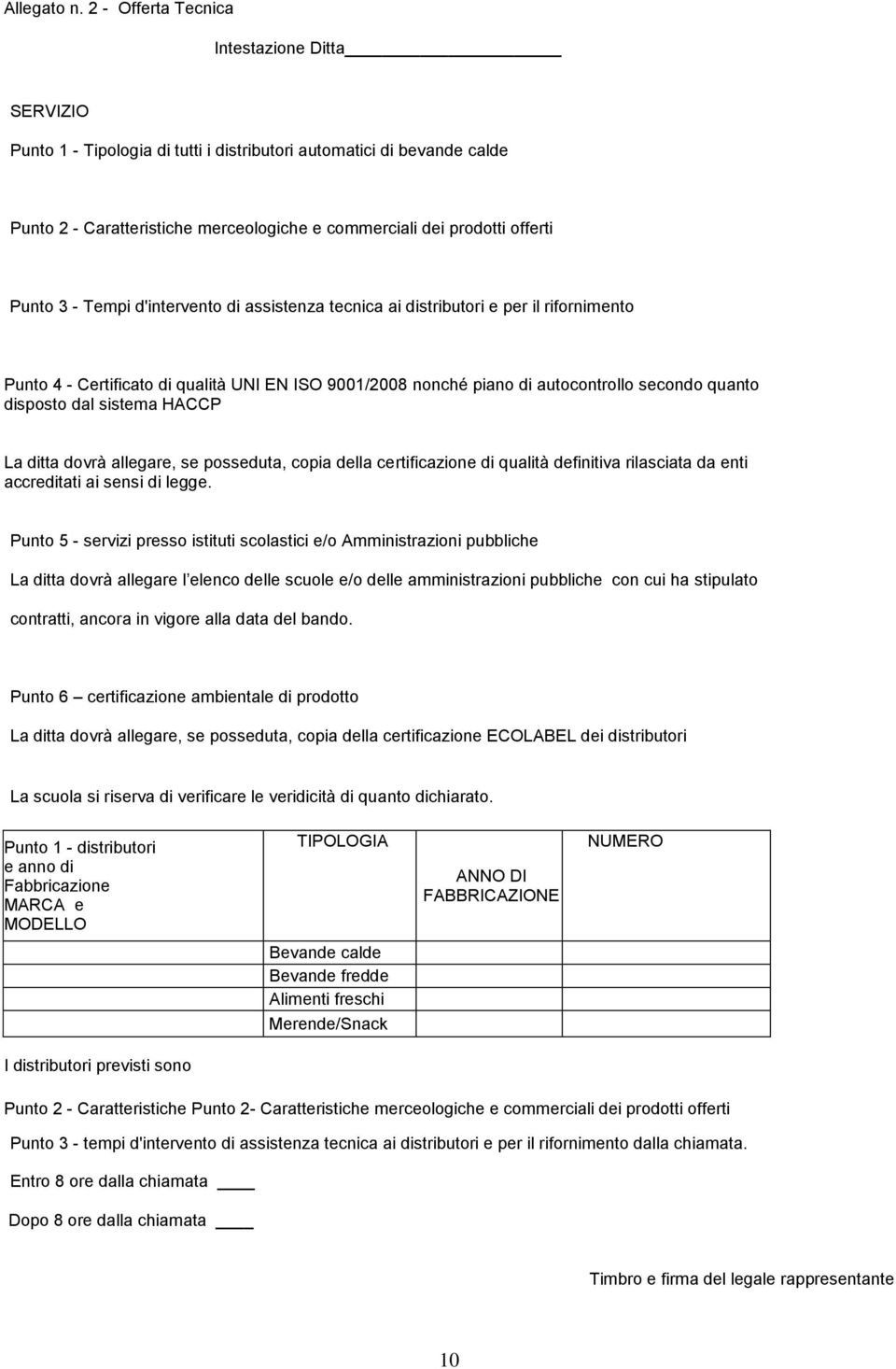 Punto 3 - Tempi d'intervento di assistenza tecnica ai distributori e per il rifornimento Punto 4 - Certificato di qualità UNI EN ISO 9001/2008 nonché piano di autocontrollo secondo quanto disposto