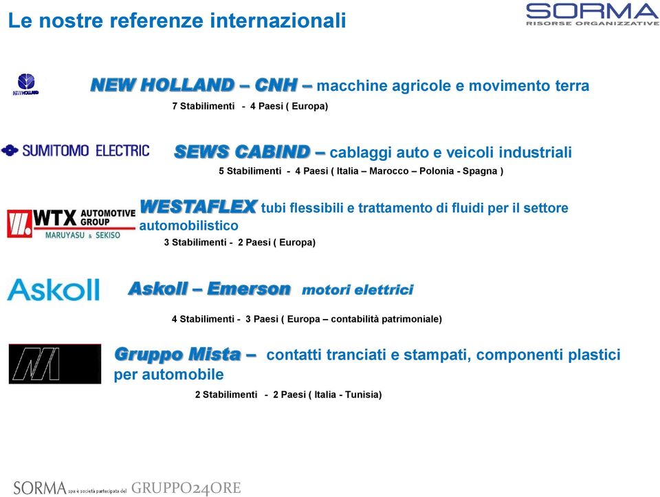 fluidi per il settore automobilistico 3 Stabilimenti - 2 Paesi ( Europa) Askoll Emerson motori elettrici 4 Stabilimenti - 3 Paesi ( Europa