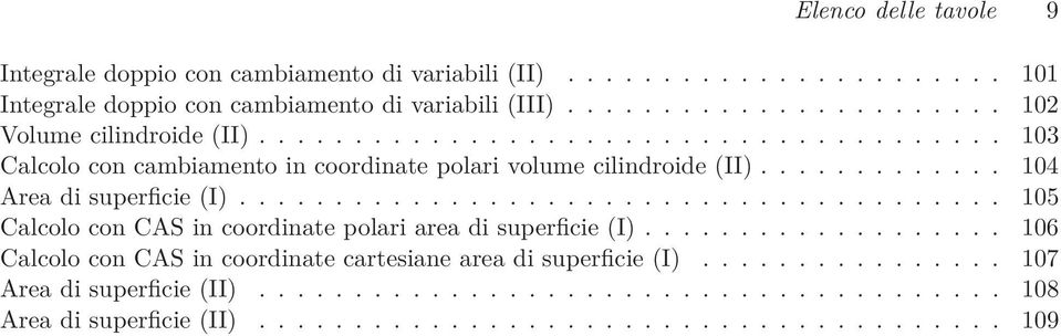 .. 103 Calcolo con cambiamento in coordinate polari volume cilindroide (II)... 104 Areadisuperficie(I).