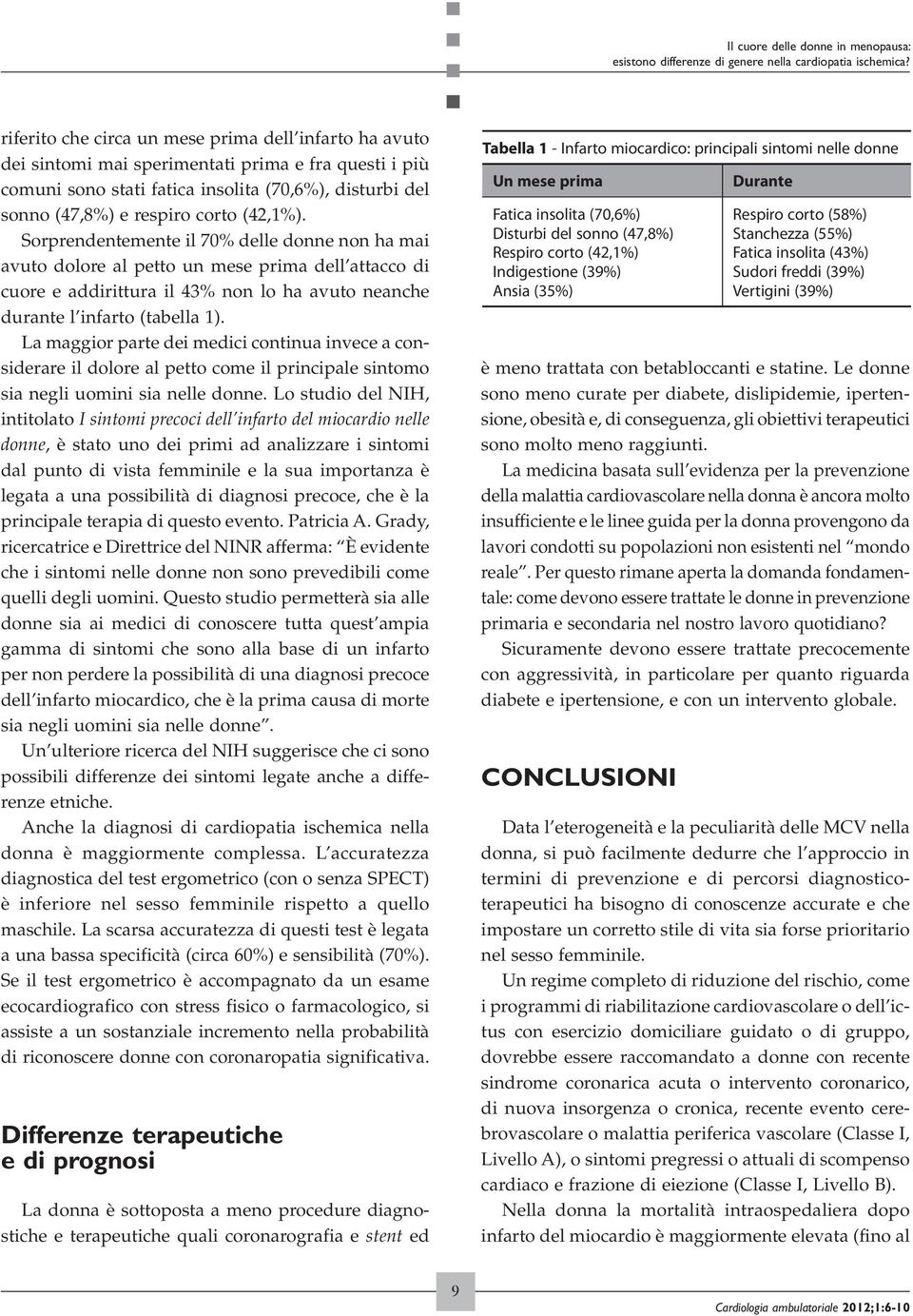 (42,1%). Sorprendentemente il 70% delle donne non ha mai avuto dolore al petto un mese prima dell attacco di cuore e addirittura il 43% non lo ha avuto neanche durante l infarto (tabella 1).