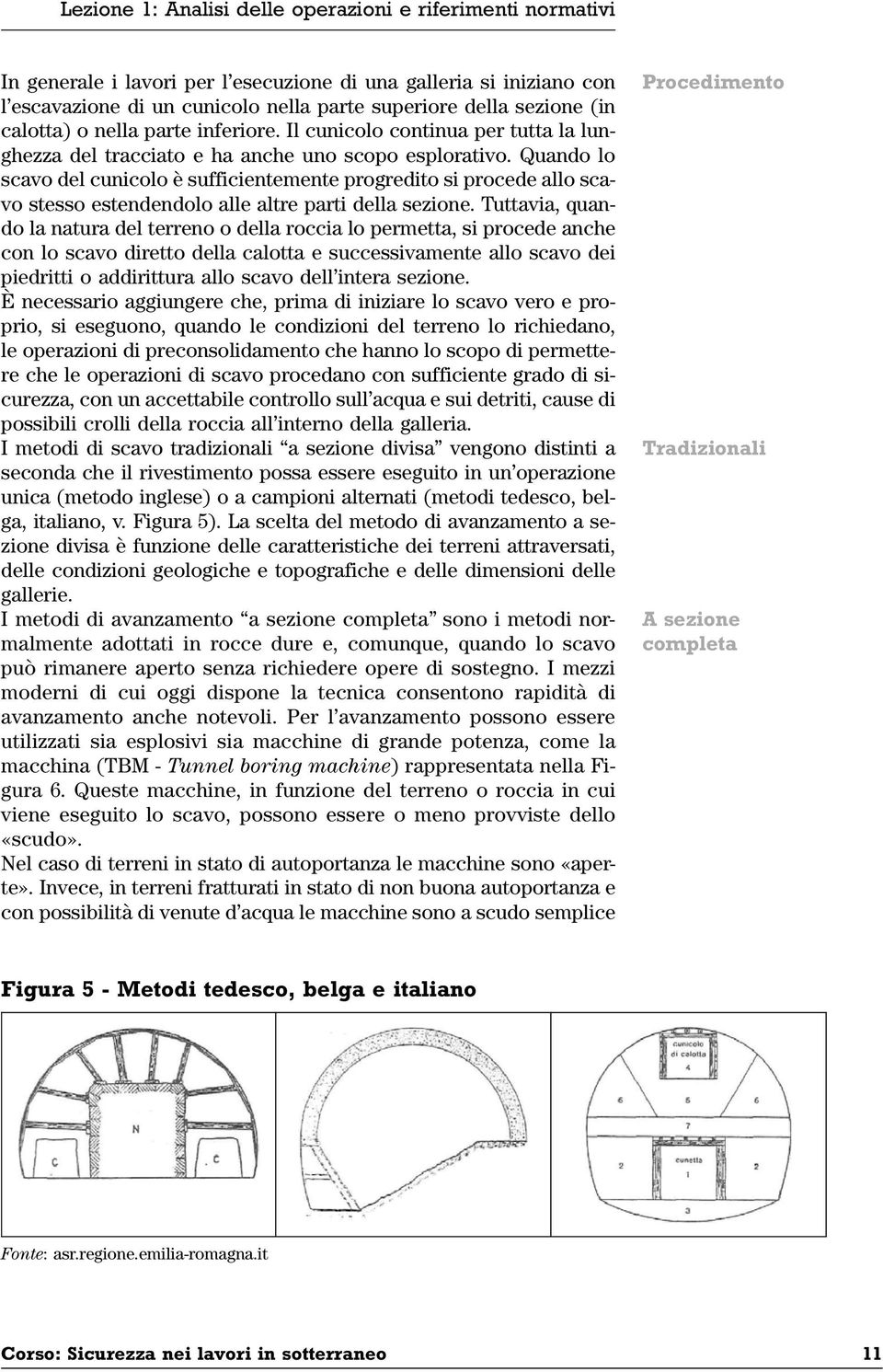 Quando lo scavo del cunicolo è sufficientemente progredito si procede allo scavo stesso estendendolo alle altre parti della sezione.