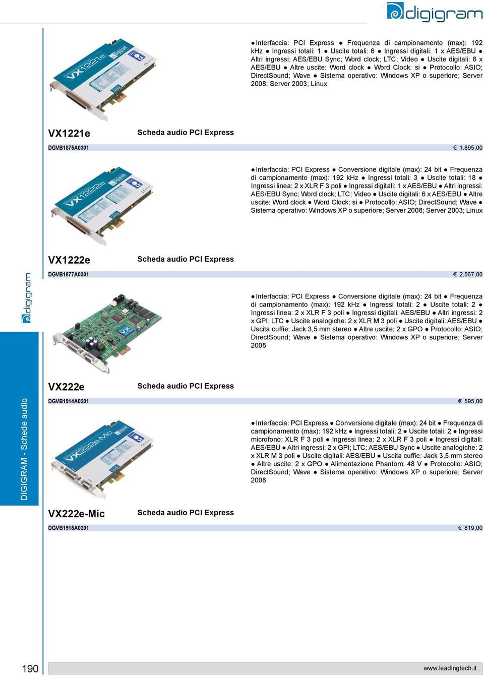 895,00 PCI Express Conversione digitale (max): 24 bit Frequenza di campionamento (max): 192 khz Ingressi totali: 3 Uscite totali: 18 Ingressi linea: 2 x XLR F 3 poli Ingressi digitali: 1 x AES/EBU