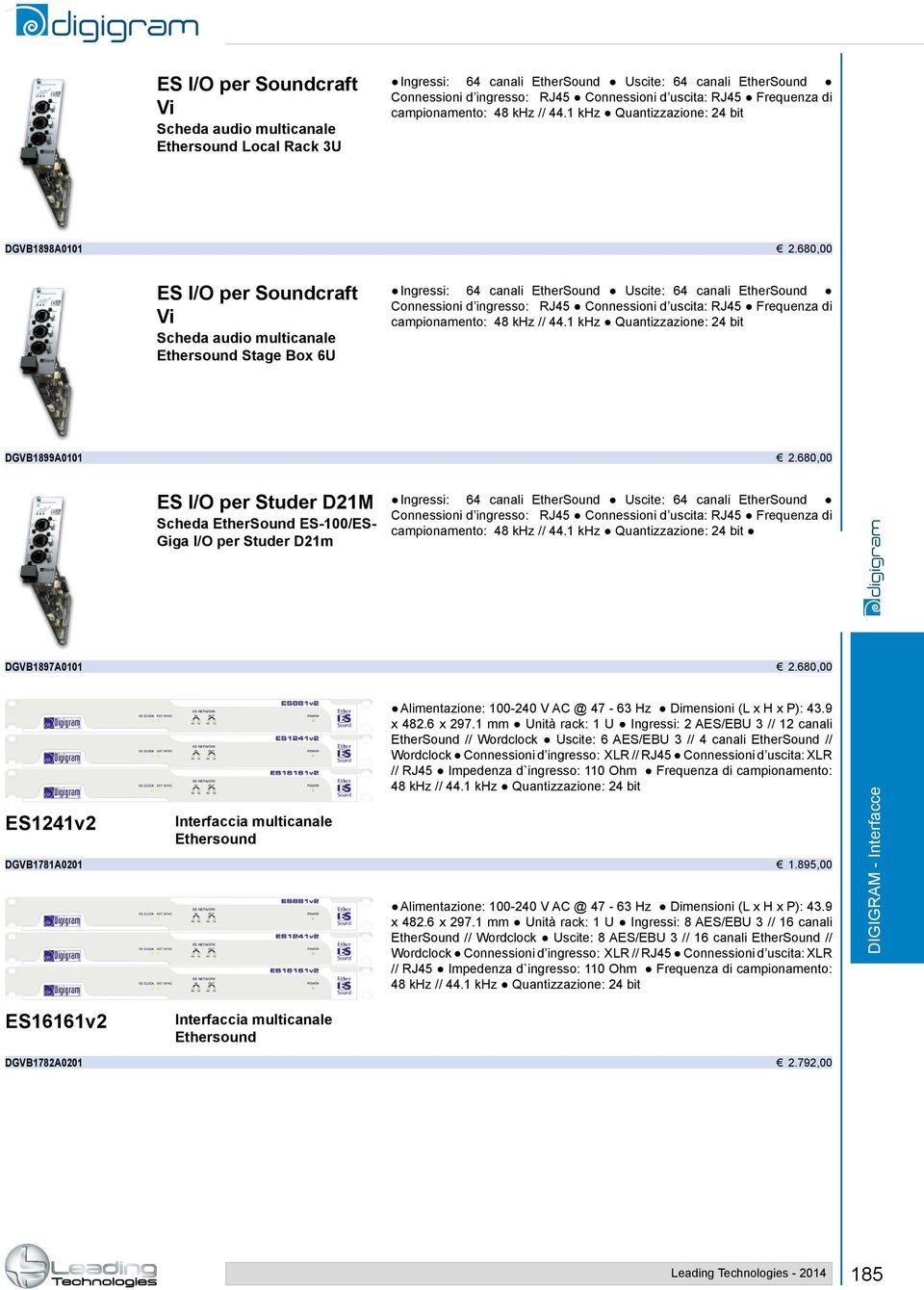 680,00 ES I/O per Soundcraft Vi Scheda audio multicanale Ethersound Stage Box 6U Ingressi: 64 canali EtherSound Uscite: 64 canali EtherSound Connessioni d ingresso: RJ45 Connessioni d uscita: RJ45