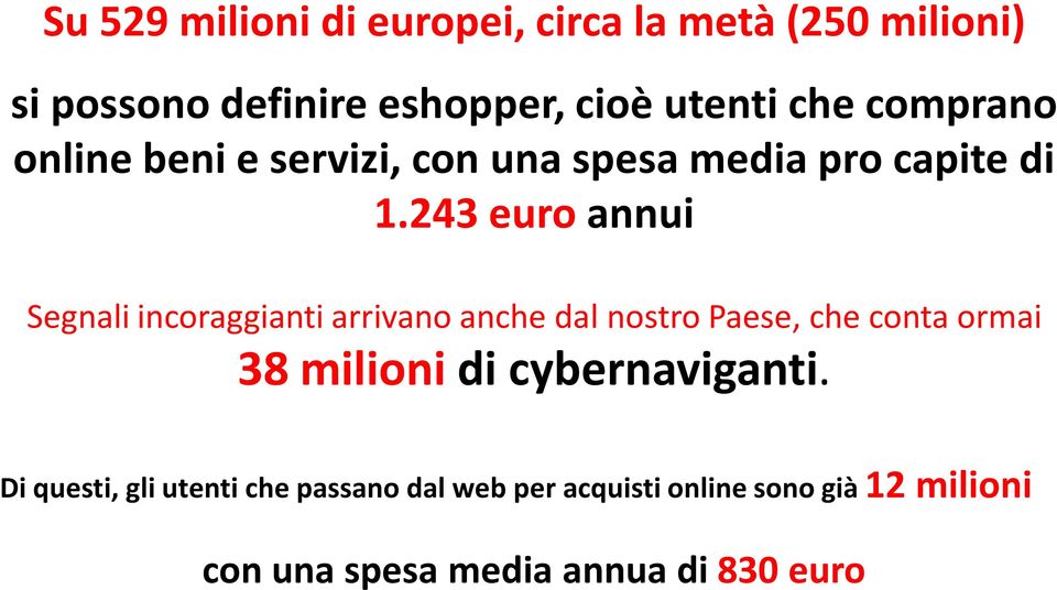 243 euro annui Segnali incoraggianti arrivano anche dal nostro Paese, che conta ormai 38 milioni di