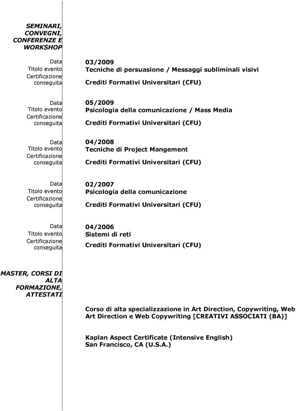 della comunicazione Data 04/2006 Titolo evento Sistemi di reti MASTER, CORSI DI ALTA FORMAZIONE, ATTESTATI Corso di alta specializzazione in Art