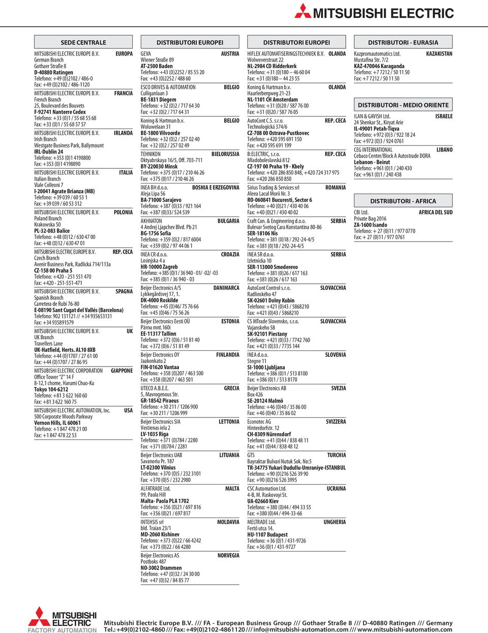 FRANCIA French Branch 25, Boulevard des Bouvets F-92741 Nanterre Cedex Telefono: +33 (0)1 / 55 68 55 68 Fax: +33 (0)1 / 55 68 57 57 MITSUBISHI ELECTRIC EUROPE B.V.