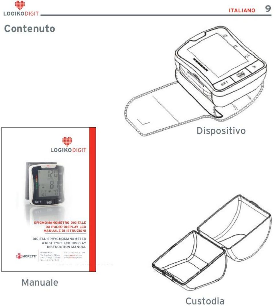 com ITALIANO 9 Contenuto Dispositivo SFIGMOMANOMETRO DIGITALE DA POLSO DISPLAY LCD