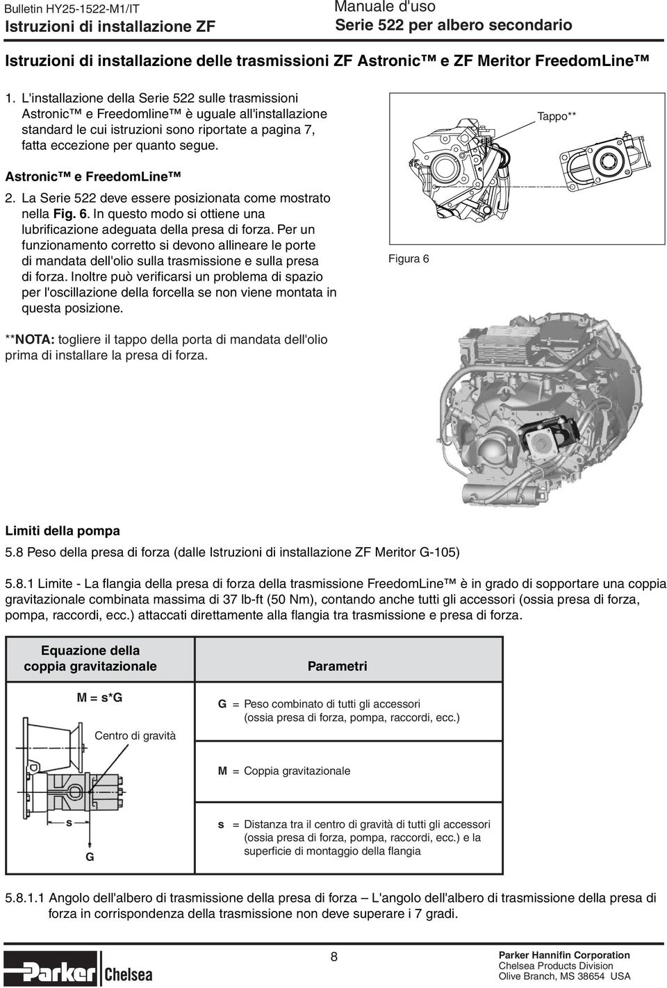 Tappo** Astronic e FreedomLine 2. La Serie 522 deve essere posizionata come mostrato nella Fig. 6. In questo modo si ottiene una lubrificazione adeguata della presa di forza.