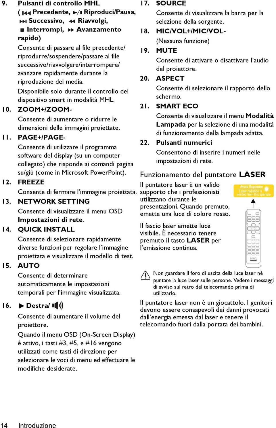 ZOOM+/ZOOM- Consente di aumentare o ridurre le dimensioni delle immagini proiettate. 11.