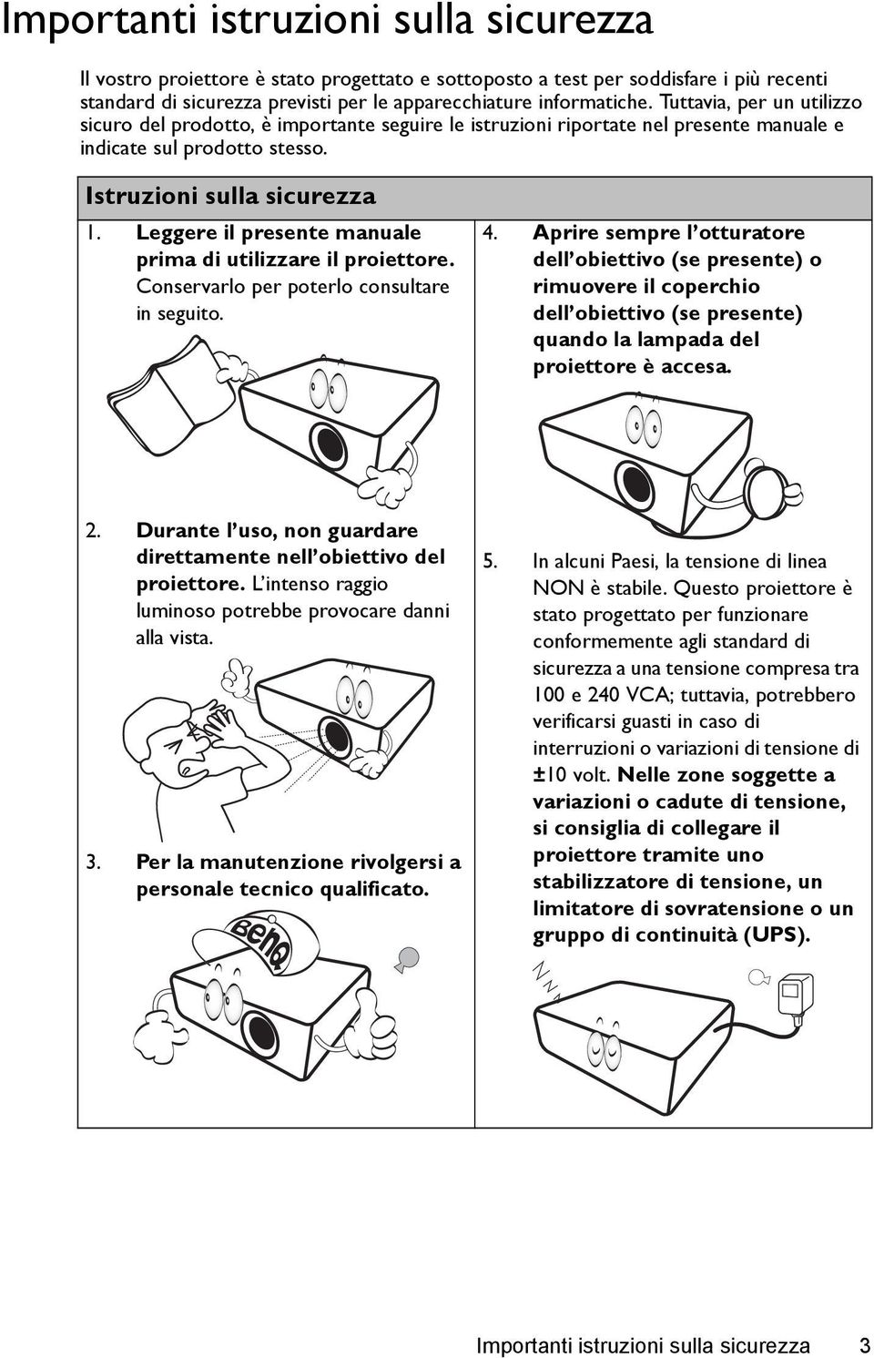 Leggere il presente manuale prima di utilizzare il proiettore. Conservarlo per poterlo consultare in seguito. 4.