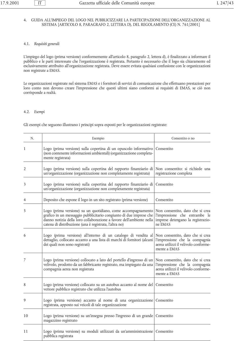 2001] 4.1. Requisiti generali L impiego del logo (prima versione) conformemente all articolo 8, paragrafo 2, lettera d), è finalizzato a informare il pubblico e le parti interessate che l