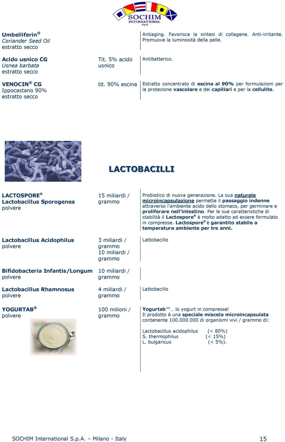 LACTOBACILLI LACTOSPORE Lactobacillus Sporogenes Lactobacillus Acidophilus Bifidobacteria Infantis/Longum Lactobacillus Rhamnosus YOGURTAB 15 miliardi / grammo 3 miliardi / grammo 10 miliardi /