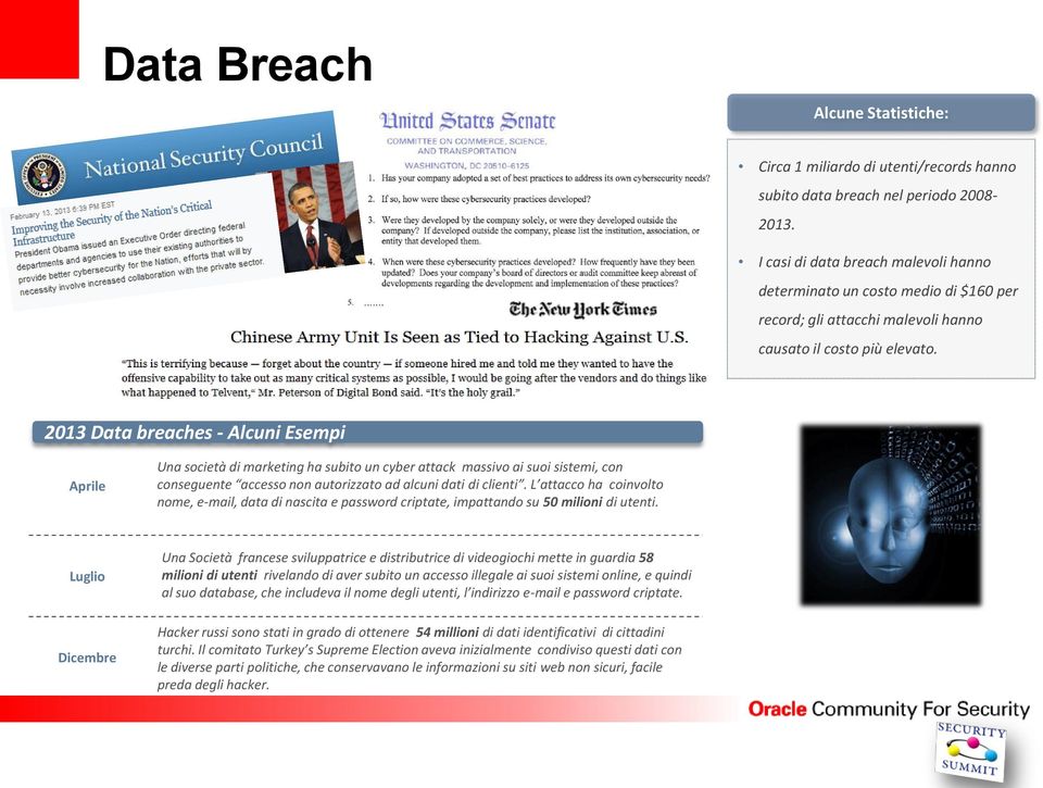 2013 Data breaches - Alcuni Esempi Aprile Una società di marketing ha subito un cyber attack massivo ai suoi sistemi, con conseguente accesso non autorizzato ad alcuni dati di clienti.
