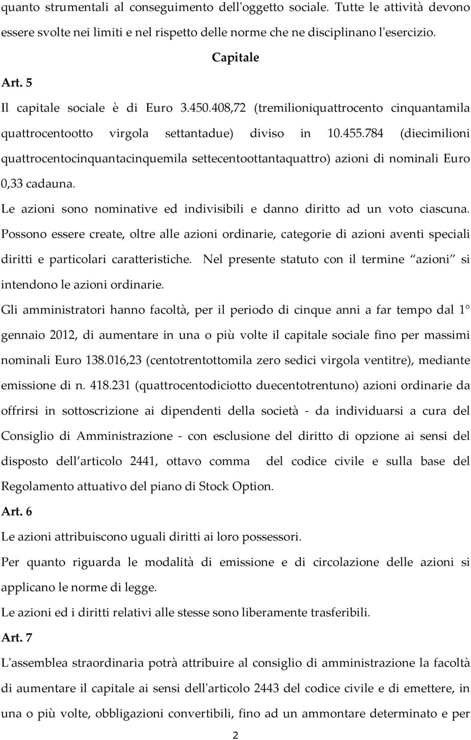 784 (diecimilioni quattrocentocinquantacinquemila settecentoottantaquattro) azioni di nominali Euro 0,33 cadauna. Le azioni sono nominative ed indivisibili e danno diritto ad un voto ciascuna.