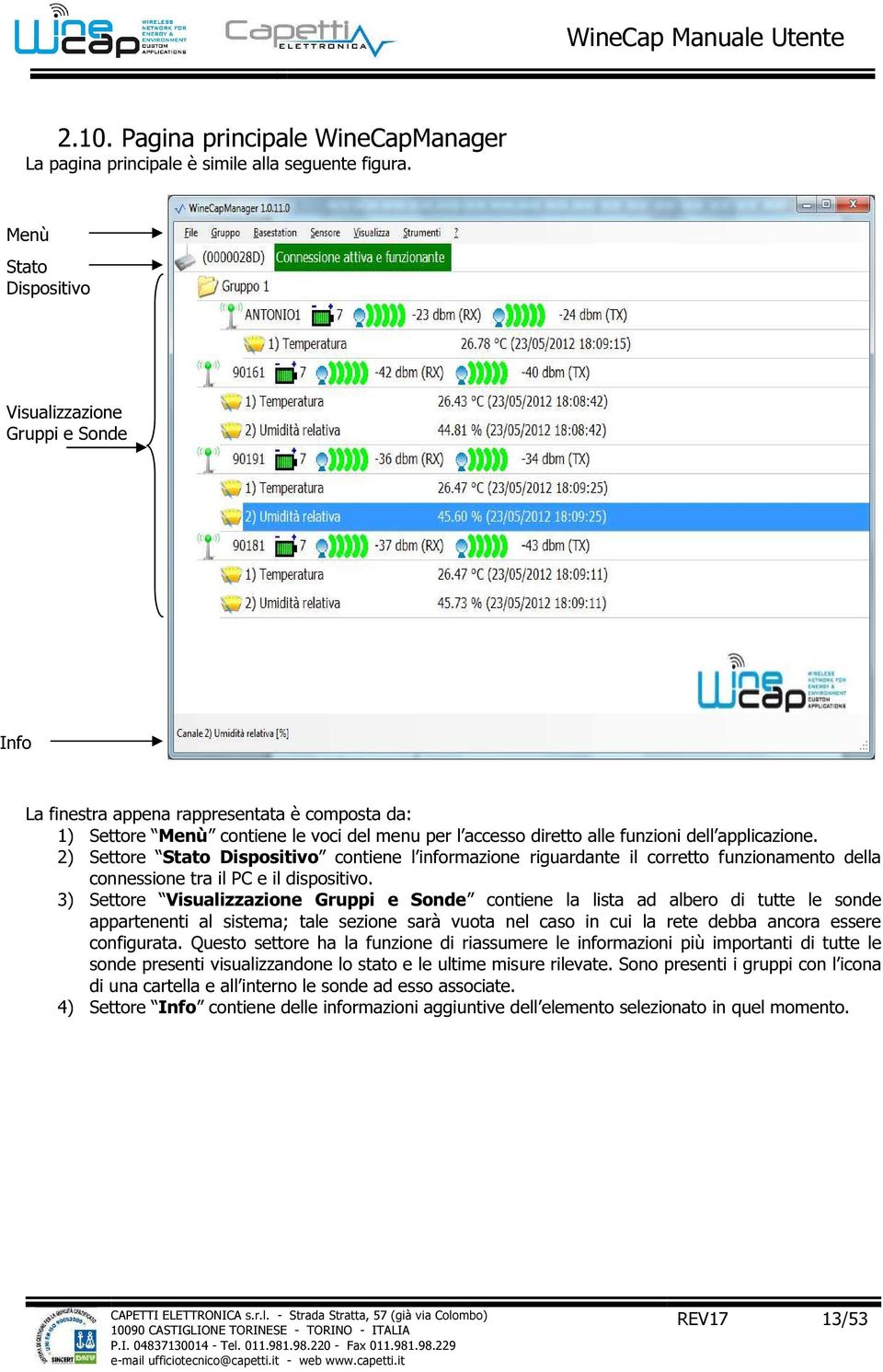 applicazione. 2) Settore Stato Dispositivo contiene l informazione riguardante il corretto funzionamento della connessione tra il PC e il dispositivo.