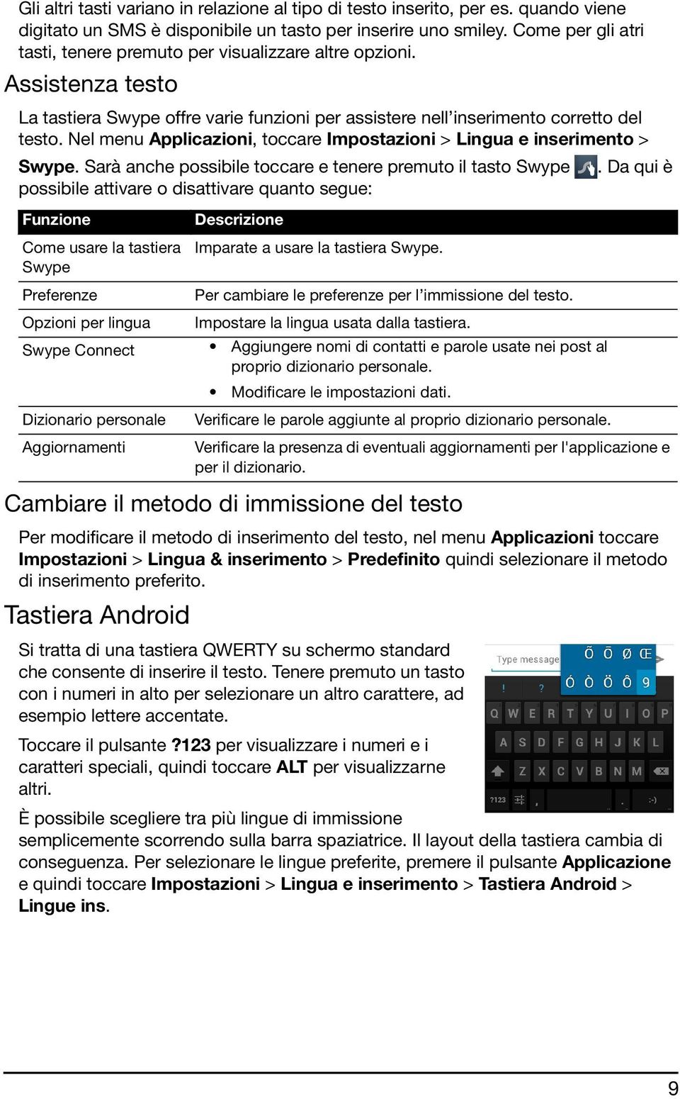 Nel menu Applicazioni, toccare Impostazioni > Lingua e inserimento > Swype. Sarà anche possibile toccare e tenere premuto il tasto Swype.