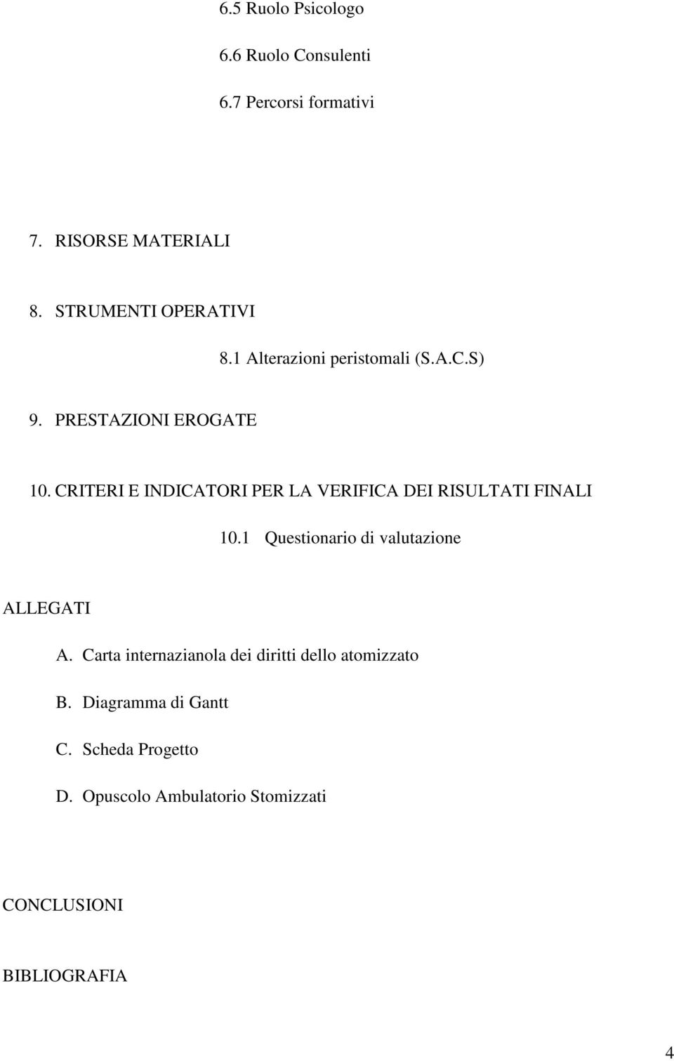 CRITERI E INDICATORI PER LA VERIFICA DEI RISULTATI FINALI 10.1 Questionario di valutazione ALLEGATI A.