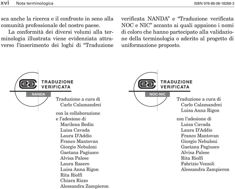 appaiono i nomi di coloro che hanno partecipato alla validazione della terminologia o aderito al progetto di uniformazione proposto.