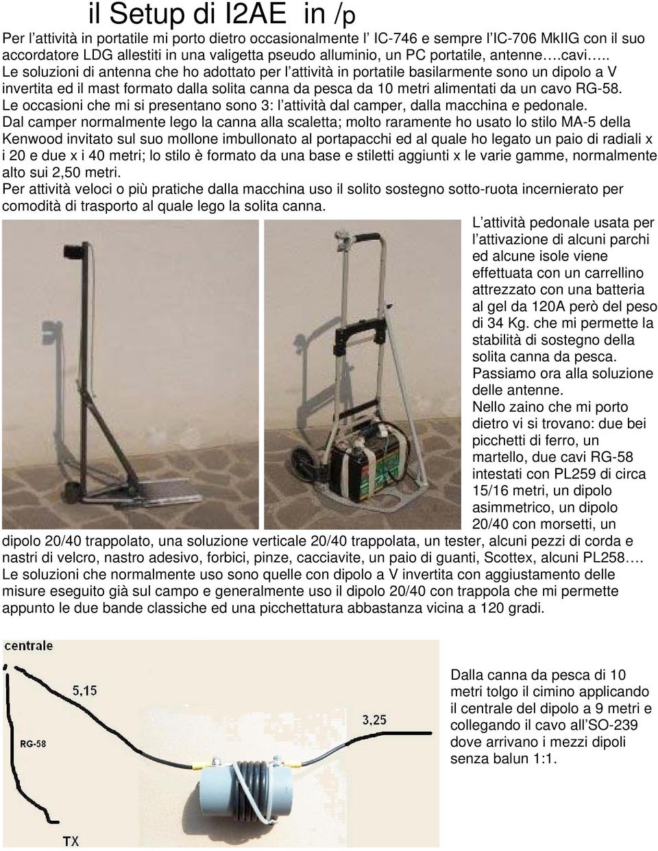 . Le soluzioni di antenna che ho adottato per l attività in portatile basilarmente sono un dipolo a V invertita ed il mast formato dalla solita canna da pesca da 10 metri alimentati da un cavo RG-58.