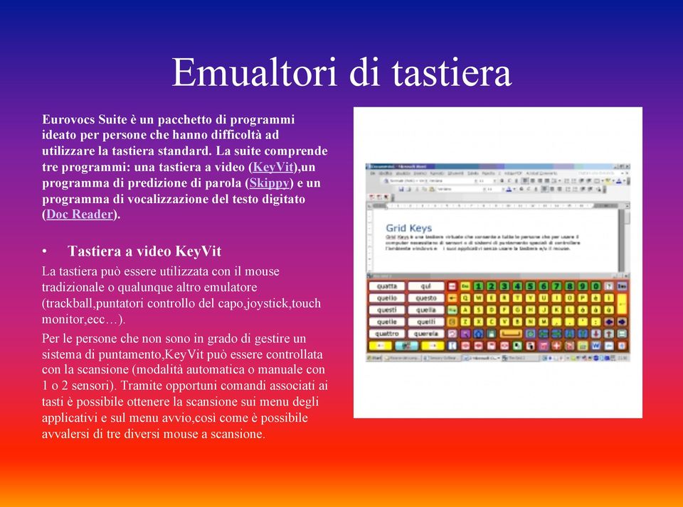 Tastiera a video KeyVit La tastiera può essere utilizzata con il mouse tradizionale o qualunque altro emulatore (trackball,puntatori controllo del capo,joystick,touch monitor,ecc ).