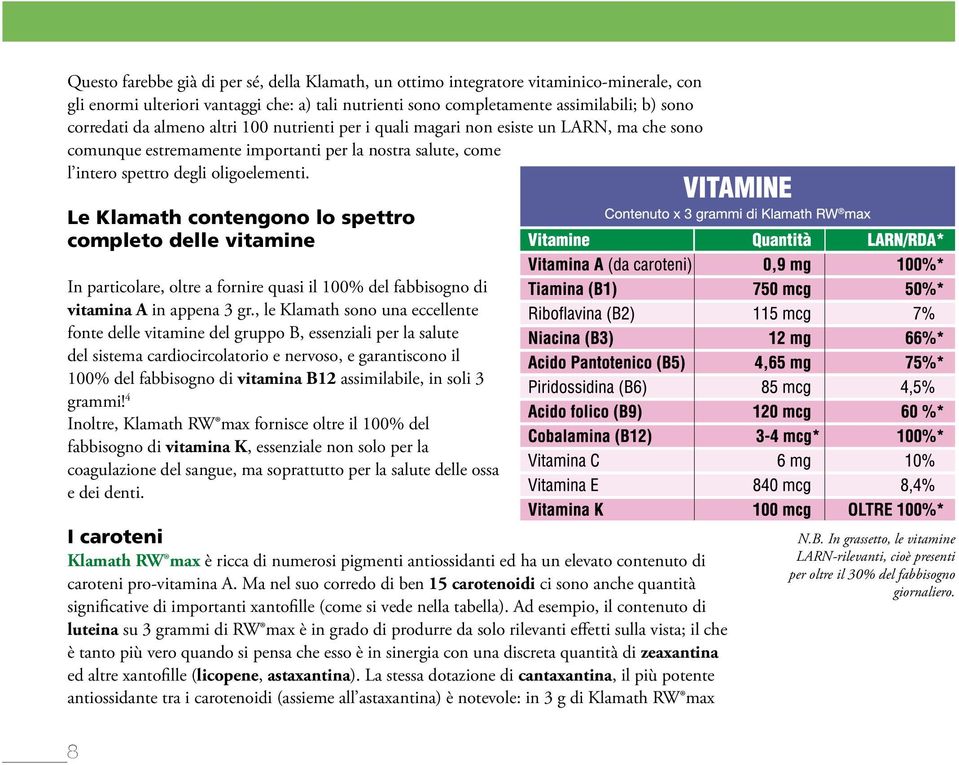 Le Klamath contengono lo spettro completo delle vitamine In particolare, oltre a fornire quasi il 100% del fabbisogno di vitamina A in appena 3 gr.