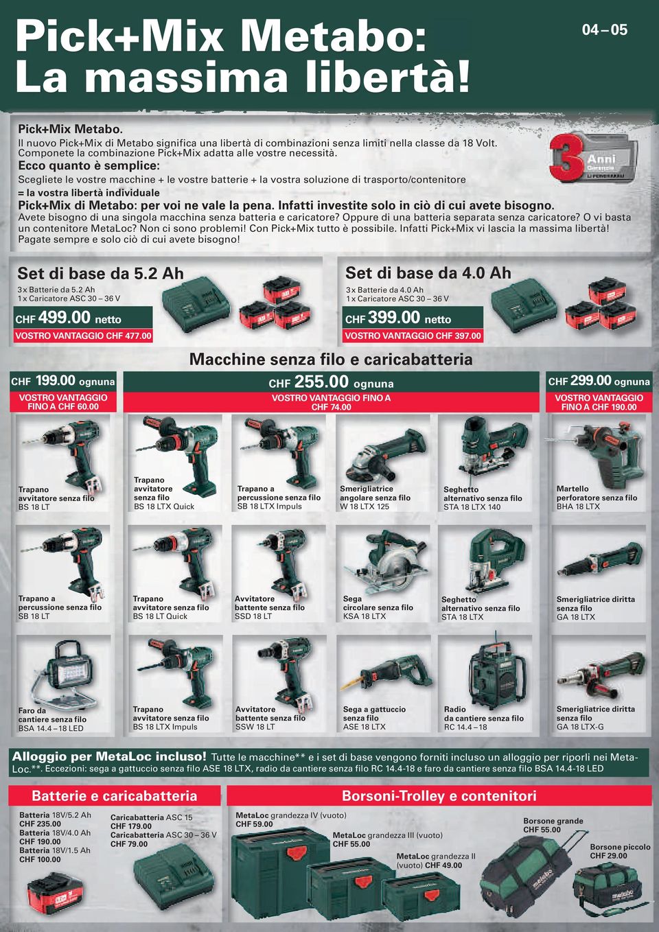 Ecco quanto èsemplice: Scegliete levostre macchine +levostre batterie +lavostra soluzione ditrasporto/contenitore =lavostra libertà individuale Pick+Mix di Metabo: per voi nevale lapena.