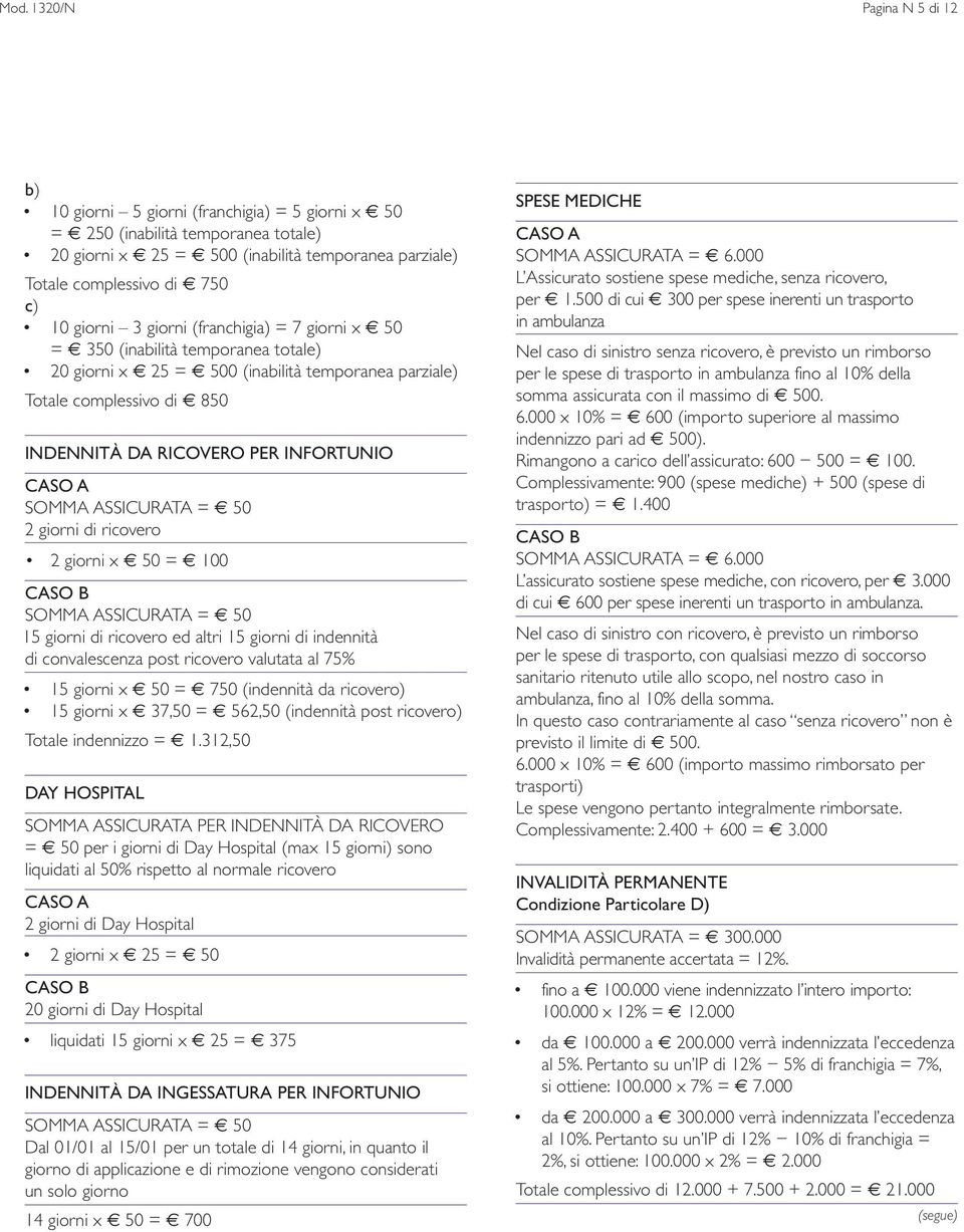 SOMMA ASSICURATA = 50 2 giorni di ricovero 2 giorni x 50 = 100 SOMMA ASSICURATA = 50 15 giorni di ricovero ed altri 15 giorni di indennità di convalescenza post ricovero valutata al 75% 15 giorni x