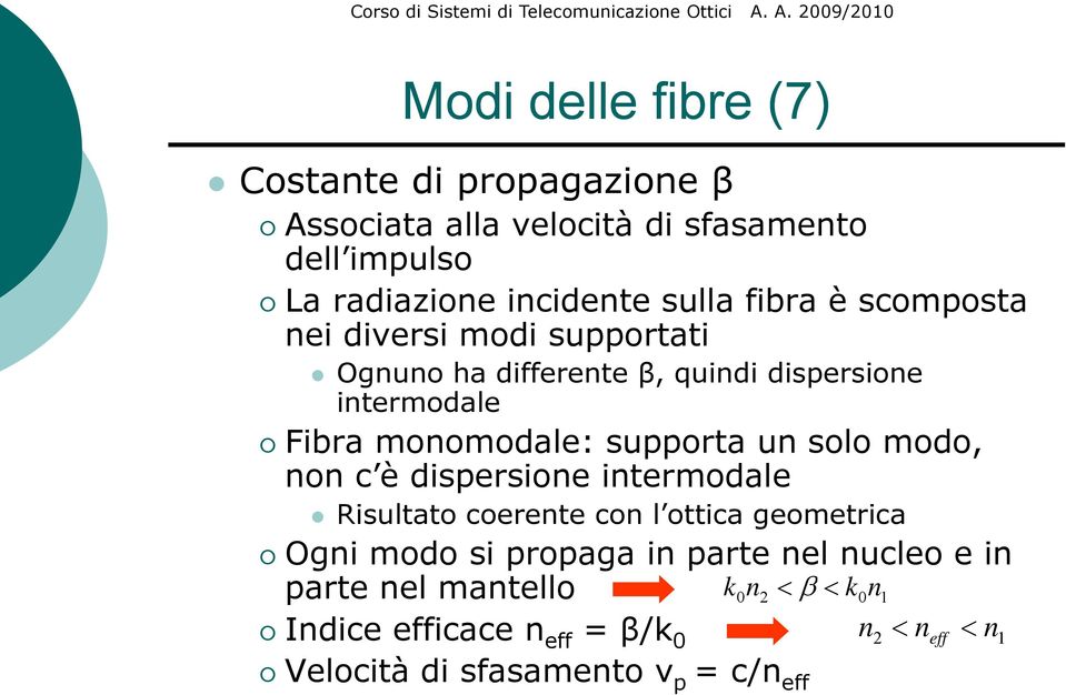 supporta un solo modo, non c è dispersione intermodale Risultato coerente con l ottica geometrica Ogni modo si propaga in parte