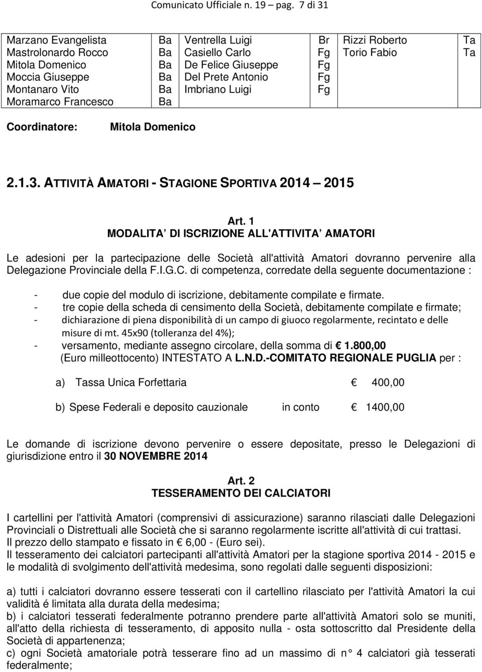 Br Fg Fg Fg Fg Rizzi Roberto Torio Fabio Ta Ta Coordinatore: Mitola Domenico 2.1.3. ATTIVITÀ AMATORI - STAGIONE SPORTIVA 2014 2015 Art.
