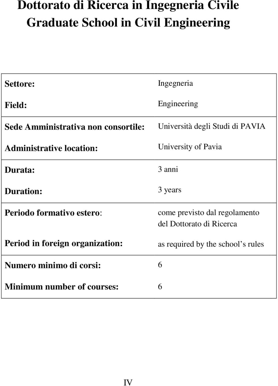 Numero minimo di corsi: Minimum number of courses: Ingegneria Engineering Università degli Studi di PAVIA University