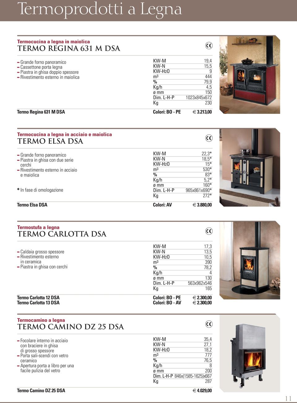 213,00 Termocucina a legna in acciaio e maiolica TERMO ELSA DSA - Grande forno panoramico - Piastra in ghisa con due serie cerchi e maiolica * In fase di omologazione KW-M 22,3* KW-N 18,5* KW-H2O 15*