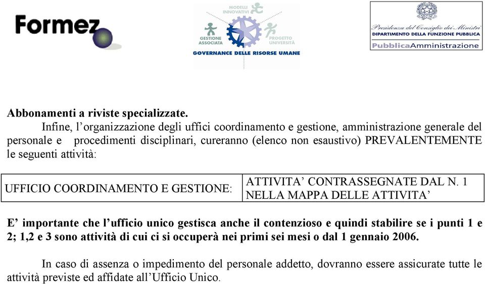 PREVALENTEMENTE le seguenti attività: UFFICIO COORDINAMENTO E GESTIONE: ATTIVITA CONTRASSEGNATE DAL N.